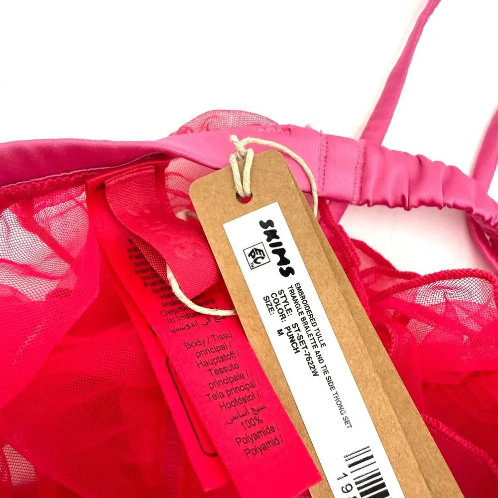 Skims Embroidered Tulle Triangle Bralette Pink Taffy New with tags Size Medium - Picture 2 of 4